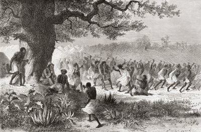 हेनरी मोर्टन स्टेनली 1871 में अपने अभियान के दौरान युद्ध के लिए तैयारी कर रहे वोगोगोस जनजाति को देखते हुए, &39;द वर्ल्ड इन द हैंड्स&39; से चित्रण, 1878 में प्रकाशित द्वारा एमिल एंटोनी बेयर्ड