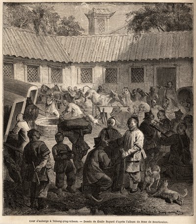 चियांग पिंग चेउ में छात्रावास का प्रांगण। 1859 से 1862 तक शंघाई से मास्को तक की यात्रा को चित्रित करने के लिए एमिल बायर्ड (1837-1891) द्वारा चित्रण, फ्रांस के मंत्री एम. डी बोरबौलन द्वारा चीन के लिए। एडौर्ड चार्टन द्वारा संपादित "" ले टूर डू मोंड द्वारा एमिल एंटोनी बेयर्ड