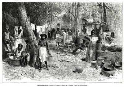 Les blanchisseuses au Chorillo, पनामा, E.Bayard द्वारा एक चित्र के बाद उत्कीर्णन, कहानी को चित्रित करने के लिए पनामा और डेरेन के इस्थम्स पर अन्वेषण, ए। रेक्लस द्वारा, जहाज के लेफ्टिनेंट, १८७६ से १८७८ तक, टूर डू मोंडे में प्रकाशित, दिशा - निर्देश के अनुसार द्वारा एमिल एंटोनी बेयर्ड