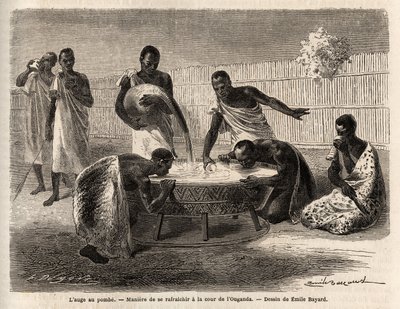 L'trouge au pombe (किण्वन द्वारा मादक पेय), कराग में आंगन में खुद को तरोताजा करने का एक तरीका (वर्तमान में जिम्बाब्वे में विक्टोरिया झील के पश्चिम में), एमिल बायर्ड (1837-1891) द्वारा चित्रित, कप्तान स्पीके की यात्रा का चित्रण A . में खोज द्वारा एमिल एंटोनी बेयर्ड