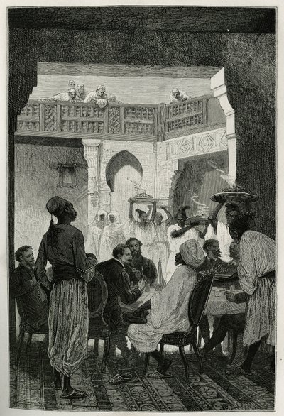युद्ध मंत्री पर दोपहर का भोजन, पगड़ी का सिरहाना, कहानी के लेखक का सामना करना पड़ रहा है, अदालत में पहुंच रहा है, भोजन के व्यंजन ले जाने वाले नौकरों की एक पंक्ति, एमिल बायर्ड द्वारा उत्कीर्ण, मोरक्को की कहानी को चित्रित करने के लिए एडमोंडो डी एमिसिस द्वारा  द्वारा एमिल एंटोनी बेयर्ड