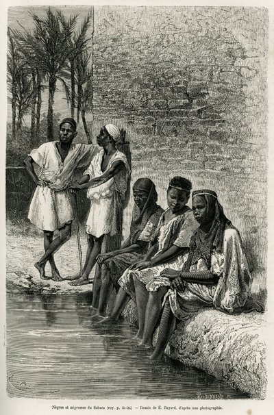 औएद रिहर के तट पर सहारा के नेग्रेस और नेगर्स। एडौर्ड चार्टन (1807-1890) के निर्देशन में 1874-1878 में वी. लार्जेउ द्वारा, अल्जीरियाई सहारा को चित्रित करने के लिए ई.बेयार्ड द्वारा उत्कीर्णन, टूर डू मोंडे में प्रकाशित किया गया था। द्वारा एमिल एंटोनी बेयर्ड
