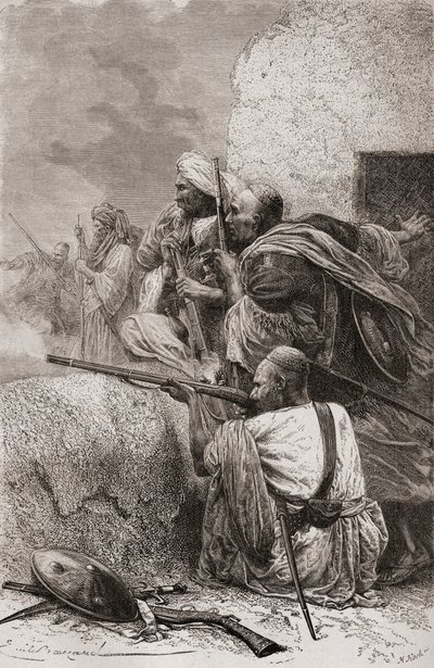 1878 में ब्रिटिश शासन के दौरान, हज़ारा, पाकिस्तान के पहाड़ों में उत्तरी अफगान विद्रोही अंग्रेजों से लड़ते हुए द्वारा एमिल एंटोनी बेयर्ड