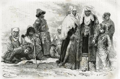 गरीब और अमीर किर्गिज़ महिलाएं। एमिल बायर्ड द्वारा उत्कीर्णन, 1876 और 1878 के बीच, एडौर्ड चार्टन द्वारा निर्देशित टूर डू मोंडे में, ओरेनबर्ग से समरकंद की यात्रा के छापों को चित्रित करने के लिए, मैरी डी उज्फालवी-बॉर्डन द्वारा द्वारा एमिल एंटोनी बेयर्ड