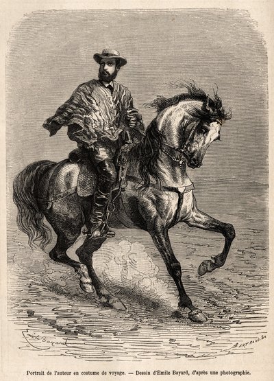 1870-1874 में इंजीनियर ए.ब्रेसन द्वारा, एमिल बेयार्ड द्वारा अकाटामा और काराकोल्स (दक्षिण अमेरिका) के रेगिस्तान पर कहानी को चित्रित करते हुए, अपनी यात्रा पोशाक पहने हुए लेखक का चित्र, 1870-1874 में प्रकाशित किया गया था। " ले टूर डू मोंडे द्वारा एमिल एंटोनी बेयर्ड