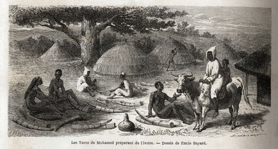 हाथीदांत की तैयारी, एक तुर्की व्यापारी, युगांडा के लिए, एमिल बायर्ड (1837-1891) द्वारा ड्राइंग, कैप्टन स्पीके की 1860 से 1863 तक अफ्रीका में खोज की यात्रा को दर्शाता है। एडौर्ड चार्टन द्वारा संपादित "ले टूर डू मोंडे" में उत्कीर्णन द्वारा एमिल एंटोनी बेयर्ड
