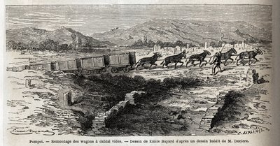 पोम्पेई में 1864 की खुदाई के दौरान खाली वैगनों का पुन: संयोजन, एमिल बायर्ड (1837-1891) द्वारा चित्रित, मार्क मोनियर के पाठ (1829-1885) "" पोम्पेई और पोम्पियन्स "" को चित्रित करने के लिए। एडौर्ड चार्टन द्वारा संपादित "" ले टूर  द्वारा एमिल एंटोनी बेयर्ड