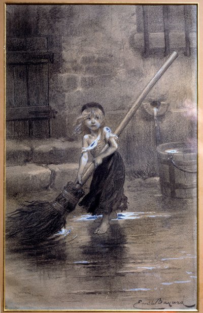 कोसेट का प्रतिनिधित्व, नंगे पैर झाड़ू लगाना। विक्टर ह्यूगो (1802-1885) द्वारा एमिल बायर्ड (1837-1891) 19वीं सदी द्वारा "द मिजरेबल्स" के लिए चित्रण। पेरिस, मैसन विक्टर ह्यूगो द्वारा एमिल एंटोनी बेयर्ड