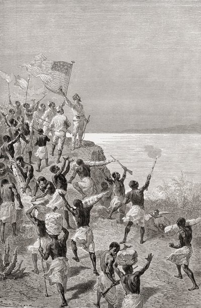1872 में स्टैनली और उनके अभियान की पहली झलक तांगानिका, पूर्वी अफ्रीका में, 1878 में प्रकाशित &39;द वर्ल्ड इन द हैंड्स&39; का चित्रण। द्वारा एमिल एंटोनी बेयर्ड