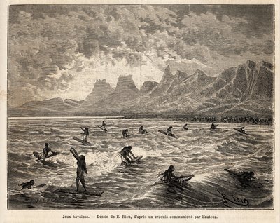 सर्फिंग, हवाईयन पसंदीदा खेल का अभ्यास, यहां महिलाओं द्वारा, संतुलन में, खड़े या बैठे हुए, बोर्ड पर, क्रेते डेस तरंगों पर, जो उन्हें समुद्र तट पर वापस लाते हैं, एमिल बेयार्ड के चित्र के बाद उत्कीर्णन, सैंडविच की यात्रा का चित्रण करते हुए द्वीपों द्वारा एमिल एंटोनी बेयर्ड