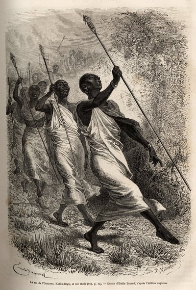 औन्योरो (पूर्वी सूडान) के राजा और उनके दरबार के प्रमुखों का आगमन, आधिकारिक यात्रा के लिए सर बेकर के शिविर में, एमिल बायर्ड द्वारा एक चित्र के बाद उकेरा गया, जो मध्य अफ्रीका में एक अभियान को दबाने के लिए एक अभियान का चित्रण करता है। काला द्वारा एमिल एंटोनी बेयर्ड