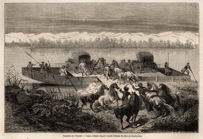 येनिसेई नदी (रूस) को पार करना, एमिल बायर्ड (1837-1891) द्वारा चित्रित, 1859 से 1862 तक शंघाई से मास्को तक की यात्रा को चित्रित करने के लिए, फ्रांस के मंत्री एम। डी बोरबौलोन, चीन के लिए। "" ले टूर डू मोंडे "" में उत्कीर्णन, एडौर्ड क्यू द द्वारा एमिल एंटोनी बेयर्ड