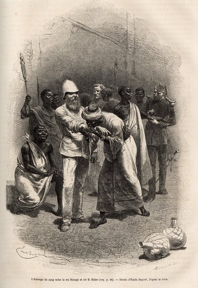 राजा रिओन्गा और सर बेकर के बीच रक्त का आदान-प्रदान, बड़ी मात्रा में केला साइडर पीने और रात को देखने और युवा होने के बाद, समारोह होता है, प्रत्येक बारी-बारी से वे अपने अग्र-भुजाओं को काटते हैं और खून की एक बूंद पीते हैं, फिर रिओंगा वकील है पी द्वारा एमिल एंटोनी बेयर्ड
