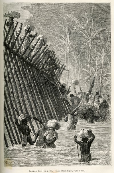 1873 से 1876 तक ज़ांज़ीबार (तंजानिया) से बेंगुएला (अंगोला) तक अफ्रीका के माध्यम से यात्रा को चित्रित करने के लिए अभियान द्वारा लोवोई (या शैतान की नदी) (कटंगा क्षेत्र, कांगो) नदी का मार्ग, एमिल बायर्ड द्वारा चित्रित किया गया। , ब्रिटिश कमांडर वीएल . द्वारा द्वारा एमिल एंटोनी बेयर्ड