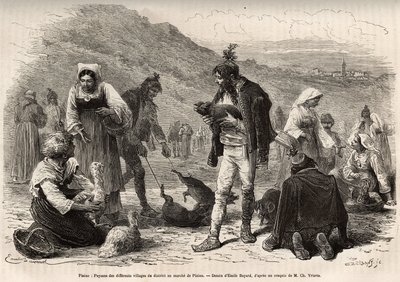 पिसिनो (क्रोएशिया) के आसपास के किसान बाजार में अपने कृषि उत्पादों की बिक्री के लिए इकट्ठा होते हैं: पोल्ट्री, पिगलेट ..., एमिल बायर्ड द्वारा एक चित्र के बाद उत्कीर्णन, 1874 में चार्ल्स द्वारा इस्त्रिया और डालमेटिया में यात्रा का चित्रण करते हुए। यरीयर्ट, प द्वारा एमिल एंटोनी बेयर्ड