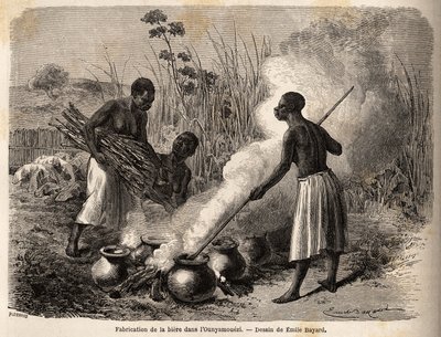 कप्तान स्पीके की 1860 से 1863 तक अफ्रीका में खोज की यात्रा का चित्रण करते हुए, एमिल बेयार्ड (1837-1891) द्वारा चित्रित, औन्यामौज़ी (ग्रेट लेक्स क्षेत्र, अफ्रीका) में बीयर का उत्पादन। एडौर्ड चार्टन द्वारा संपादित "" ले टूर डू मोंडे "" मे द्वारा एमिल एंटोनी बेयर्ड
