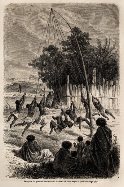 ऑकलैंड के इस्तमुस में नियो-ज़ीलैंडन योद्धाओं का झूला, एमिल बायर्ड (1837-1891) द्वारा चित्रित, 1858 से 1860 तक फर्डिनेंड डी होचस्टेटर की न्यूजीलैंड की यात्रा को चित्रित करने के लिए। "ले टूर डू मोंडे" में उत्कीर्णन, द्वारा संपादित। एडौर्ड चार्टन द्वारा एमिल एंटोनी बेयर्ड