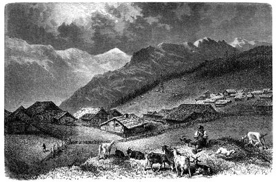 आल्प्स में गांव। मुर्रेन, बर्नीज़ ओबरलैंड में, ऊंचाई 1630 मीटर। चरवाहा बकरियों और भेड़ों (भेड़ों) के अपने झुंड को रखता है। अल्बर्ट ड्यूपाइन की पुस्तक "लेस मोंटेग्नेस", संस्करण मैम 1881 के लिए एमिल बायर्ड द्वारा चित्रण। द्वारा एमिल एंटोनी बेयर्ड