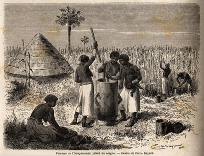 एमिल बेयार्ड (1837-1891) द्वारा चित्रित, ओन्यामौज़ी (ग्रेट लेक्स क्षेत्र, अफ्रीका) में सोरघम तेज़ करती महिलाएँ, कैप्टन स्पीके की 1860 से 1863 तक अफ्रीका में खोज की यात्रा को दर्शाती हैं। "ले टूर डू मोंडे" में उत्कीर्णन, संपादित एडौर्ड चार्टन द्वा द्वारा एमिल एंटोनी बेयर्ड