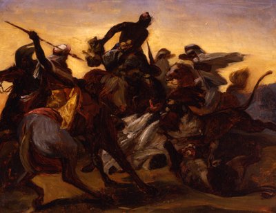 द लायन हंट के लिए स्केच, c.1836 (कैनवास पर कागज पर तेल) द्वारा एमिल जीन होरेस वर्नेट