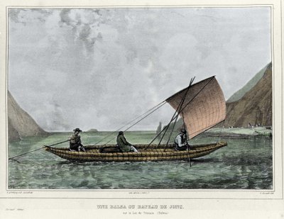 टिटिकाका (बोलीविया) झील पर एक बलसा या रैश बोट। एमिल लासाल (1813-1871) द्वारा लिथोग्राफ - एल्काइड डी'ऑर्बिनी (1802-1857) द्वारा "" वॉयज डांस ल'अमेरिक मेरिडियोनल "" में द्वारा एमिल लासेल