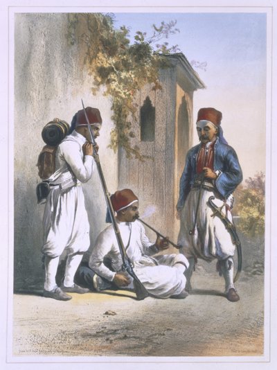 निज़ामियार, कांका में तुर्की सेना के नियमित सैनिकों, &39;द वैली ऑफ द नाइल&39; से चित्रण, मोइलर, पब द्वारा उकेरा गया है। लेमरसीर द्वारा, 1848 द्वारा एमिल प्रिसे डी'वेनस