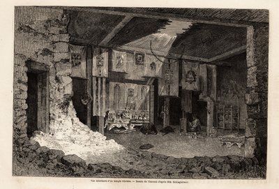 विवियन डी सेंट मार्टिन द्वारा भौगोलिक वर्ष 1862 के पुनर्पूंजीकरण को चित्रित करने के लिए थेरोंड द्वारा चित्रित एक तिब्बती मंदिर का आंतरिक दृश्य। एडौर्ड चार्टन द्वारा संपादित "" ले टूर डू मोंडे "" में उत्कीर्णन द्वारा एमिल थियोडोर थेरॉन्ड