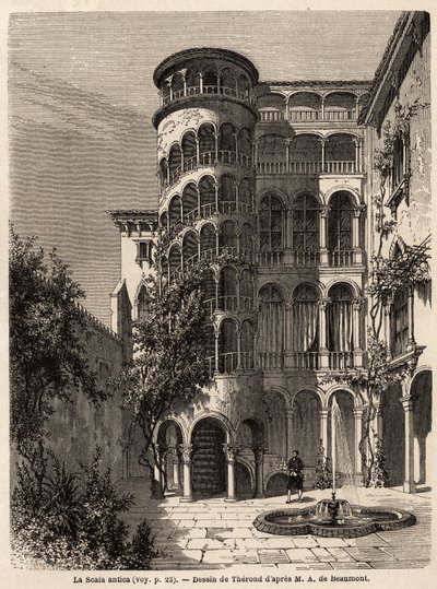 1850 के आसपास एडलबर्ट डी ब्यूमोंट की वेनिस यात्रा को चित्रित करने के लिए थेरोंड द्वारा चित्रित ला स्काला एंटिका। एडौर्ड चार्टन द्वारा संपादित "" ले टूर डू मोंडे" में उत्कीर्णन द्वारा एमिल थियोडोर थेरॉन्ड