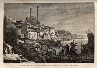 माधोरे के घाट (सीढ़ियाँ जो एक नदी के किनारे को कवर करती हैं जो आपको पानी के संपर्क में उतरने की अनुमति देती हैं) और बनारस में औरंगजेब मस्जिद, ई. थेरोंड के चित्र के बाद उकेरी गई, जो 1864-1868 में राजाओं की भारत यात्रा को दर्शाती है। , लुई रॉ द्वारा द्वारा एमिल थियोडोर थेरॉन्ड