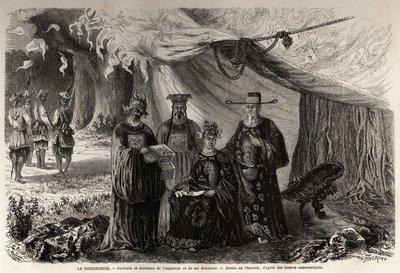 1859 में कोचीन के साथ एक अद्वितीय पत्राचार का वर्णन करने के लिए, अन्नाम के सम्राट और उनके मंत्रियों, कोचीनिन के चित्र और वेशभूषा, थेरोंड द्वारा चित्रित। "ले टूर डू मोंडे, नोव्यू जर्नल डेस वॉयेजेस" पेरिस में उत्कीर्णन द्वारा एमिल थियोडोर थेरॉन्ड