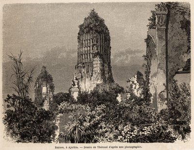 1858 से 1861 तक हेनरी मौहोट द्वारा सियाम, कंबोडिया और लाओस के राज्यों के माध्यम से यात्रा का वर्णन करने के लिए, थेरोंड द्वारा चित्रित, अजुथिया (थाईलैंड) में जंगल की वनस्पति में लिए गए खंडहर। एडौर्ड द्वारा संपादित "" ले टूर डू मोंडे "" म द्वारा एमिल थियोडोर थेरॉन्ड