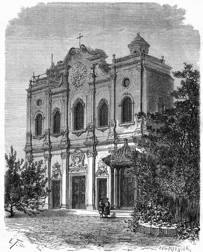 चीन में कैथोलिक धर्म के पिता, माटेओ रिक्की (1552-1610) के घर की साइट पर बने नानतांग के गिरजाघर के मुखौटे का दृश्य। एडौर्ड चार्ट द्वारा संपादित, "" ले टूर डू मोंडे, नोव्यू जर्नल डेस वॉयेजेस" में थेरोंड द्वारा एक ड्राइंग के बाद उत्कीर्णन द्वारा एमिल थियोडोर थेरॉन्ड