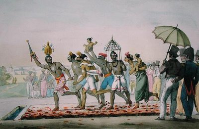 फायर वॉकिंग फेस्टिवल, इंडिया, फ्रॉम 'ल'इंडे फ़्रैन्काइज़', मार्लेट एट सी द्वारा उकेरा गया, एमई बर्नौफ़ द्वारा, प्रकाशित 1827-35 (कलर लिथो) द्वारा इमैनुएल एडोल्फ (बाद में) मिडी