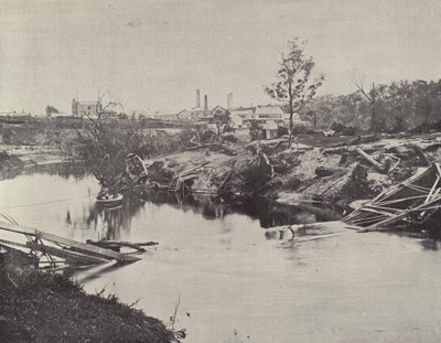 जुलाई 1891 की बाढ़ के बाद, यारा के ऊपर बर्नले ब्रिज द्वारा अंग्रेजी फोटोग्राफर