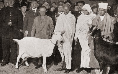 महात्मा गांधी 1931 में अपने शिष्य, मेडेलीन स्लेड और अपनी दो बकरियों के साथ लंदन, इंग्लैंड पहुंचे, द स्टोरी ऑफ़ ट्वेंटी फाइव इयर्स से, 1935 में द्वारा अंग्रेजी फोटोग्राफर
