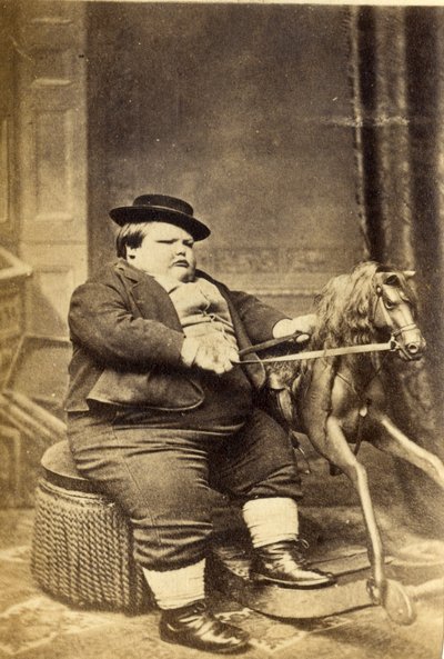 मास्टर रिचर्ड बेन्हम अपने रॉकिंग घोड़े द्वारा, 1870 (एल्बम प्रिंट) द्वारा अंग्रेजी फोटोग्राफर