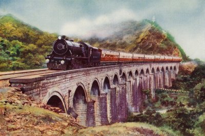 बॉम्बे, बड़ौदा और सेंट्रल इंडिया रेलवे का 4-6-2 स्टीम लोकोमोटिव बॉम्बे और दिल्ली (कलर लिथो) के बीच एक वायडक्ट के ऊपर से गुजरने वाली फ्रंटियर मेल को ढो रहा है। द्वारा अंग्रेजी स्कूल