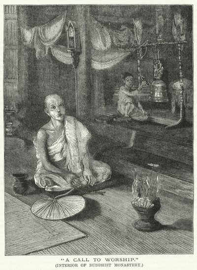 "पूजा करने के लिए एक कॉल," बौद्ध मठ का आंतरिक भाग (उत्कीर्णन) द्वारा अंग्रेजी स्कूल