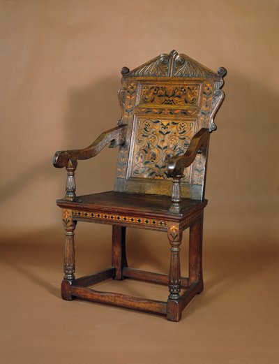 एक चार्ल्स I आर्मचेयर, मिड 1600s (मार्कीट इनले के साथ ओक) द्वारा अंग्रेजी स्कूल