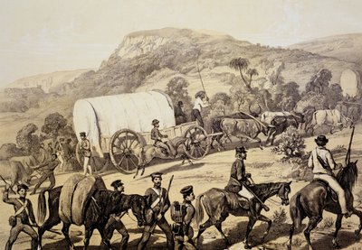 1851-53 के काफिर युद्ध में काफिरलैंड और घटनाओं में दृश्यों से वैगनों का एक काफिला द्वारा अंग्रेजी स्कूल