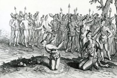 फ्लोरिडा का एक राजा युद्ध में जाने से पहले अपने जादूगर से परामर्श करता है, जो मूरेस वॉयज एंड ट्रैवल्स, 1778 से लिया गया चित्रण है द्वारा अंग्रेजी स्कूल