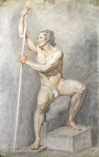 एक पुरुष न्यूड होल्डिंग स्टाफ, c.1770 (कागज पर रंगीन चाक) द्वारा अंग्रेजी स्कूल