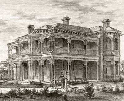 मेलबर्न उपनगरीय घर, c.1880, हावर्ड विलोबी द्वारा &39;ऑस्ट्रेलियन पिक्चर्स&39; से, धार्मिक ट्रैक्ट सोसायटी, लंदन, 1886 द्वारा प्रकाशित द्वारा अंग्रेजी स्कूल