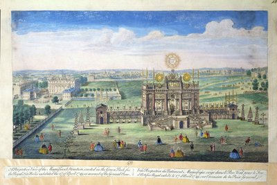 रॉयल पटाखे, 1749 के लिए ग्रीन पार्क में भव्य संरचना का एक परिप्रेक्ष्य दृश्य द्वारा अंग्रेजी स्कूल