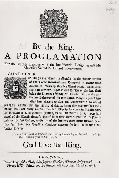 27 नवंबर, 1678 को महामहिम पवित्र व्यक्ति और सरकार के खिलाफ स्वर्गीय आतंक डिजाइन के आगे की खोज के लिए राजा द्वारा एक घोषणा द्वारा अंग्रेजी स्कूल