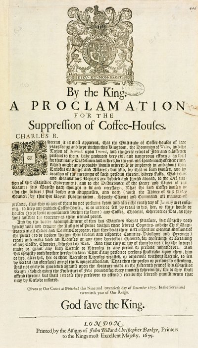 किंग द्वारा एक उद्घोषणा, कॉफी हाउस के दमन के लिए, 1675 द्वारा अंग्रेजी स्कूल