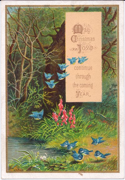 वुडलैंड सेटिंग में नीले पक्षियों का विक्टोरियन क्रिसमस कार्ड, c.1880 (कलर लिथो) द्वारा अंग्रेजी स्कूल