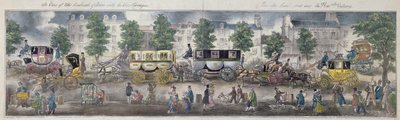 नई गाड़ियों के साथ पेरिस के बुलेवार्ड का एक दृश्य, 1828 (रंग उत्कीर्णन) द्वारा अंग्रेजी स्कूल