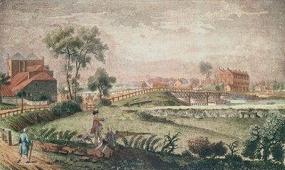 चेल्सी ब्रिज, 1761 का एक पश्चिम दृश्य (रंग उत्कीर्णन) द्वारा अंग्रेजी स्कूल