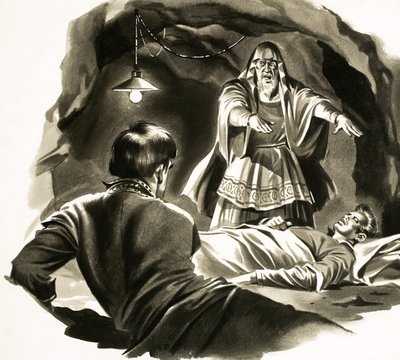 राजा आर्थर के न्यायालय में एक यांकी। मार्क ट्वेन की कहानी पर आधारित चित्रण द्वारा अंग्रेजी स्कूल
